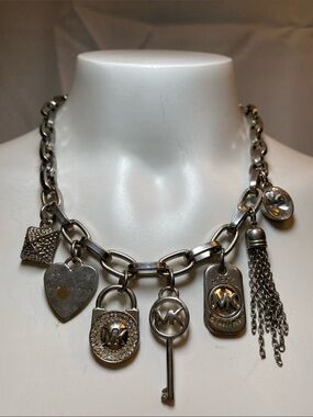 Michael Kors Silver Charm Link Necklace with Tassel and MK Charms Y2K Baddie
